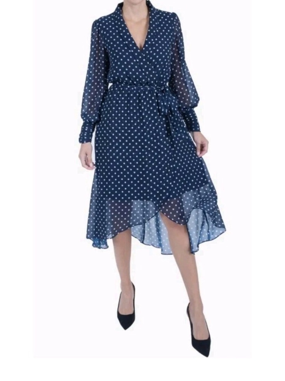 Julia Jordan Navy White Polka Dot Chiffon Faux Wrap Midi Dress Size 12